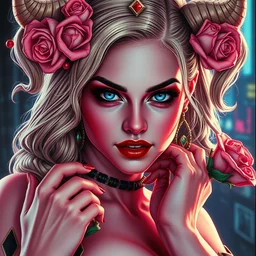 closeup portrait of seductive succubus athena goddess varga margot robbie as harley quinn posing, roses, energy, jim lee, frank miller, gotham city, futurepunk, pinup, nagel, glamour pose, moebius, gta v, dan mumford, mucha, nagel, fantasy tarot card, d & d, neon, black paper, vibrant, greg rutkowski,