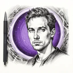 an alex grey drawing, micron pen, black ink, a portal to another dimension, purple, portrait