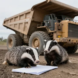 A badger beside a large mining truck filling out forms.