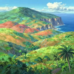 A beautiful illustration of a breathtaking nature landscape, vivid coloes, hills, ocean, cliffs, palm trees, by Beeple, Makoto Shinkai, Thomas Kinkade, unreal engine, cryengine, Artstation