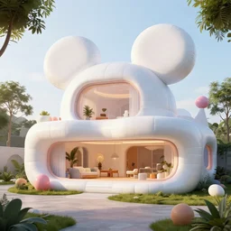 detailed architectural render of a futuristic home with soft inflatable mickey mouse minnie shape surreal sculptures atmosphere inspired by postmodernism hyperreal hyperdetailed 3 d samaritual 8 k real engine