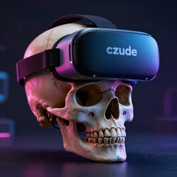a skull with a vr headset in a cyberpunk aesthetic, 4 k, with the word czude written on the headset