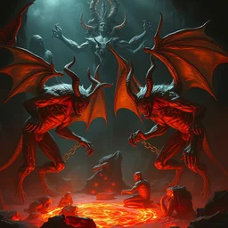book of enoch, demons in chains in the ninth circle of hell, atmospheric lighting. highly detailed digital painting, sharp focus by dore and bouguereau and ross tran and dan mumford, trending on artstation