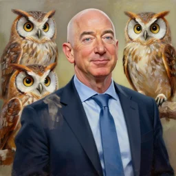 epic professional creative painting of Jeff Bezos with illustrated owls done with brushstrokes, best on artstation, cgsociety, wlop, Behance, pixiv, astonishing, impressive, outstanding, epic, cinematic, stunning, gorgeous, much detail, much wow, masterpiece.