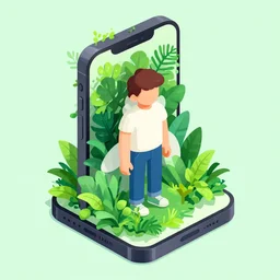 editorial illustration portrait of an isometric iphone with lush foliage overgrowth, ( ( karolis strautniekas ) ), christopher balaskas, mads berg, detailed, dynamic pose, halftone shaded, dark tint, high contrast