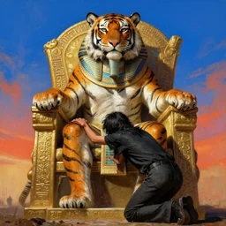 tiger as an egypt god sitting on a glorious throne, a person bending knee front of him worshipping him, 1 7 th century, digital art, wet - on - wet technique, realistic, expressive emotions, intricate textures, illusionistic detail, peter mohrbacher, epic, artstation, vivid sky, junji ito, detailed hands, detailed faces,
