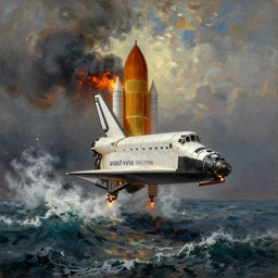 A space shuttle flying over the waves, billowing fire and smoke, oil painting by Ivan Aivazovsky