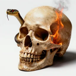 a human skull with a snake coming out of it that is on fire