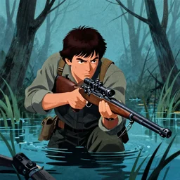 japanese 1 9 8 0 s matte colorful illustration of a man sneaking through a swamp with a sniper rifle, 1 9 8 0 s stephen king, tense, cool,