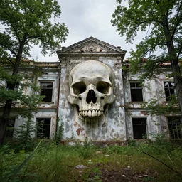 abandoned palace with big skull on the wall and surrounded with trees and grass