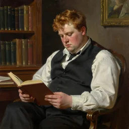 painting of a bulky young man wearing a dress shirt and vest, with reddish blonde hair, reading in his extravagant study, by Jeremy Mann, stylized, detailed, realistic, deep tones, classical, loose brush strokes