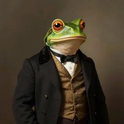 subject: frog gentleman in a costume anthropomorphic medium shot portrait, style: Victorian England portrait by Rembrandt