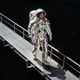 man in silver space suit, walking on an industrial catwalk suspended in the darkness of space, realistic illustration, isometric view