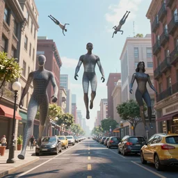 3 d wireframe of city street humans floating divers and vapour in the air, full colour, hyper realistic photo, unreal engine, upscale, 8 k, masterpiece,