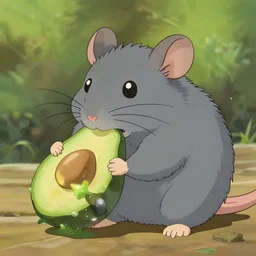 gray, fluffy rat eating avocado, Ghibli style  -H 1024