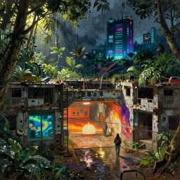 a beautiful detailed painting of urbex unfinished building underground station by pieter bruegel the elder, at night rainforest sunlight nightvision synthwave rainy architecture island uv light thermal imaging sunset cosmic, archdaily, wallpaper, highly detailed, trending on artstation.