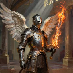 a knight in a hall with an angel wing holding a sword of fire, digital oil painting, style of John singer Sargent, heroic, cinematic, indoor, warm lighting, godrays, concept art, highly detailed, trending on art station