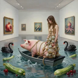 painting of a flooded modern art gallery and a tall emo girl, stones knotted with hemp rope, pig - lifeboat, art gallery interior, pig, courgette, waterfall, black bench seat, sensual, organic, pomegranates, octopus, zen, black swans, courgettes, berries, surrealist, by magritte and monet