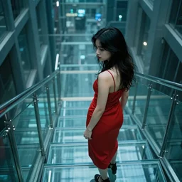 cyberpunk girl wearing a red dress, standing on glass stairway looking down into the abyss