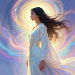 side profile, maya ali, wind sorcerer, warcraft, robes, elegant, highly detailed, concept art, smooth, sharp focus, luminescent, colorful swirly magic ripples, pastel colors, artstation, spiritual art, art by artgerm and greg rutkowski and alphonse mucha, psychedelic