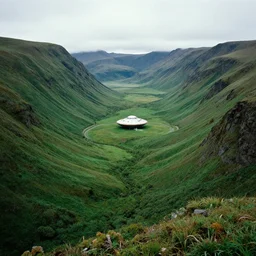strange part of antartica, green valley below, lush and green, green pastures stretch for miles, secret photograph of declassified ufo base in antarctica, operation highjump, recolored, 4 k