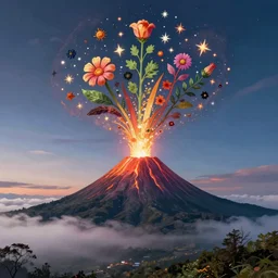 a painting of a volcano from which come out flowers and stars exotic plants, all this happens in some kind of fantasy world, almost like in the sky or all in the amazing outdoors view, long exposure, 8 k resolution, trending on artstation