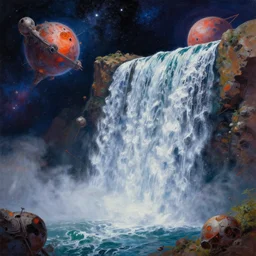 !! waterfall !! in asteroid field, space with stars and cosmos in background, ultra detailed, high quality, very sharp, artstation award winner, oil painting, digital painting, 8k, vibrant, ultra detailed water