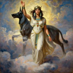 Full body oil painting of the beautiful goddess Gal Gadot as Cleopatra, she is wearing egyptian clothes and a surreal ornate, her hair is natural disheveled, she is approaching heaven over the clouds, Anubis is behind her, naturalism, dramatic lighting, high-detailed oil painting by Ilya Repin, Michelangelo da Caravaggio, William Blake, Alex Grey and Beksinski, trending on Artsation, hystorical painting, naturalism, masterpiece, 4k, 8k,