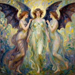illustration studio portrait of three beautiful dark bat winged seraphim female energies in artistic poses in nature, monet painterly motives and textures pattern, hyper detailed, octane render, vivid colors, artstation, by jeremy mann, by alphonse mucha, by monet