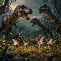 close - up view small fairies in a jurassic land and dinosaurs. dark setting. just before dawn. fantasy art. trending on artstation