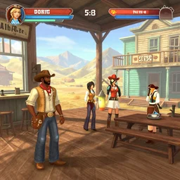 screenshot of gameplay dating simulator game set in 1 8 5 8, interior of old west saloon, featuring african american and japanese cowboys and cowgirls in ghost town with buildings painted bright pastel colors, morning light with mountains in the background