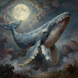 concept art of giant whale, lovecraftian, renaissance, roaring, melting horror, round moon, rich clouds, fighting the horrors of the unknown, very detailed, volumetric light, mist, fine art, decaying, textured oil over canvas, epic fantasy art, very colorful, ornate scales
