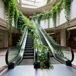 an escalator in an abandoned mall in the 1 9 8 0 s, taken over by nature, covered in vines, dream pool, white ceramic tiles