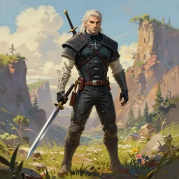 an epic comic book style full body portrait painting of The witcher, elegant, character design by Mark Ryden and Pixar and Hayao Miyazaki, unreal 5, DAZ, hyperrealistic, octane render, cosplay, RPG portrait, dynamic lighting, intricate detail, summer vibrancy, cinematic