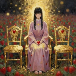 priestess of chairs and strawberries. gouache and gold leaf by award - winning mangaka, chiaroscuro, bokeh, backlighting, field of depth