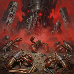 fine art oil painting pencils varied muck jeweled, filthy rugated armored crustaceans clawing & terrified as massive brutalist structures, claustrophobic cilia sporing pox, final battle failure, red mustard gas fog, by alex nino by francesco blanc, geof darrow, bisley, b wolverton, jack gaughan high resolution, hyper detailed, cinematic,