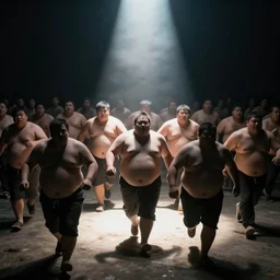 a horde of obese men running towards a light in the darkness.
