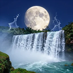 landscape moon setting behind a waterfall splash art graphic design color splash high contrasting art, fantasy, highly detailed, rule of thirds art by greg rutkowski