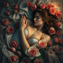 an intricate artistic pose painting of a beautiful young lady in an artistic pose over a bed of roses with painterly motives and textures, american beauty movie poster inspired, hyper detailed, sleeping beauty, octane render, vivid colors, artstation, by jeremy mann, by alphonse mucha, by boris vallejo