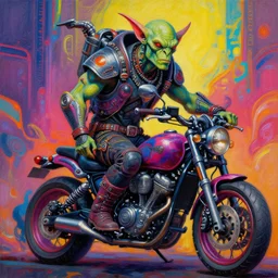 a portrait of an apocalyptic scifi orc biker by michael whelan, psychedelic vibrant colors, futuristic punk rock fashion, oil painting by michael whelan art, sharp focus, realistic, highly detailed, 8 k, intricate linework