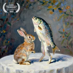 still life painting of a fish rabbit dancing on a white table, impressionism