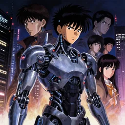 a japanese cyberpunk cyborg, wide shot, finely detailed features, cyborg robot parts with glowing lights!, dramatic cinematic, night, at cyberpunk city, ghost in the shell, akira, noir, manga!, heavy metal!, painted by greg rutkowski makoto shinkai takashi takeuchi craig mullins, alphonse mucha, studio ghibli, pixiv