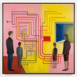 people and circuits, abstract expressionism by francis bacon, edward hopper and craig mullins, detailed, 8 k resolution, pink, yellow, red - h 7 0 4