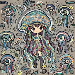 cute, full body, female, anime style, a lively jelly fish girl, large eyes, beautiful lighting, sharp focus, simple background, creative, underwater
