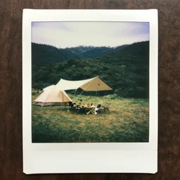 a polaroid photo of a campsite photorealistic and photorealistic
