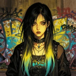 highly detailed portrait of a moody sewerpunk young adult lady by atey ghailan, by greg rutkowski, by greg, tocchini, by james gilleard, by joe fenton, by kaethe butcher, gradient yellow, black, brown and cyan color scheme, grunge aesthetic!!! ( ( graffiti tag city background ) )