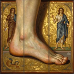 a human foot and a wall in triptych, heel, toe, wall, byzantine and golden cover art