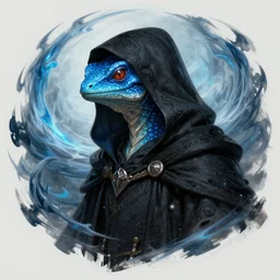 air genasi blue lizardfolk made of wind with black hood, black robes, he wearing a necromancer hood obscuring his face, head and shoulder portrait, dnd commission, rpg artwork,4K, 8K, very detailed, trending on artstation