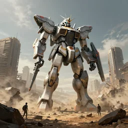 scenic view of a giant broken mecha standing in the center of composition in the wasteland surrounded by destroyed city, post apocalyptic style, some epeople waling around, daylight, style by liang mark, dark sci - fi, artstation