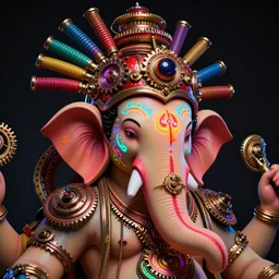 awardwinning photo of a steampunk ganesha, the face is covered with multicolored glowing tribal tattoos, wearing a glowing red and golden metallic aztec helmet with multicolored tubes and shiny metallic gears, 3 d render, crisp, 8 k, fluorescent colors, nikon photography